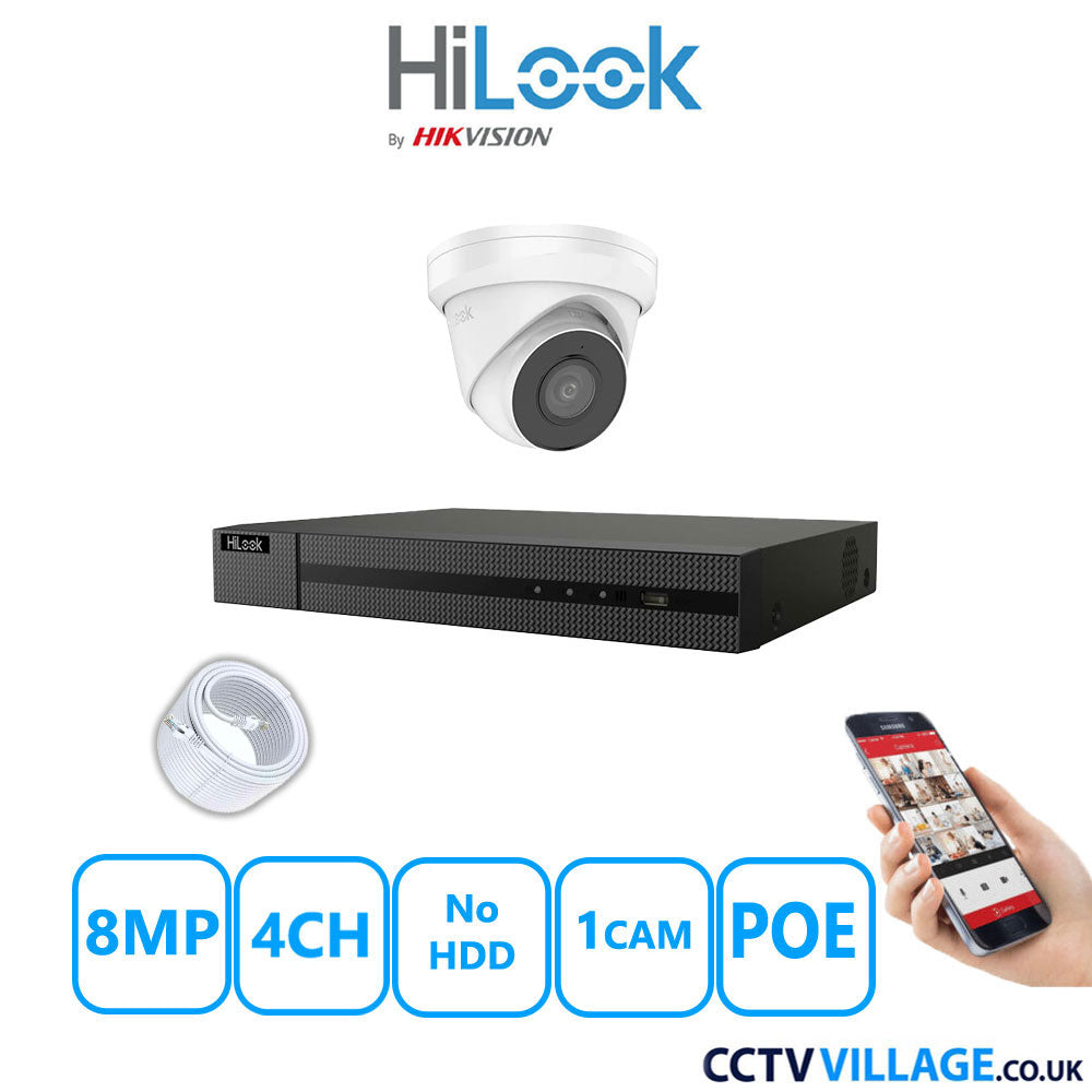 HiLook 8MP IP CCTV System 4 Channel NVR-104MH-C/4P with 1x Turret Camera IPC-T280H-MUF White No HDD Full Kit