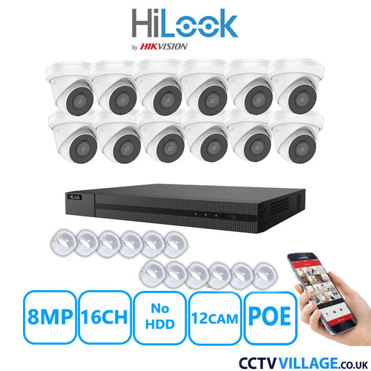 HiLook 8MP IP CCTV System 16 Channel NVR-216MH-C/16P with 12x Turret Cameras IPC-T280H-MUF White No HDD Full Kit