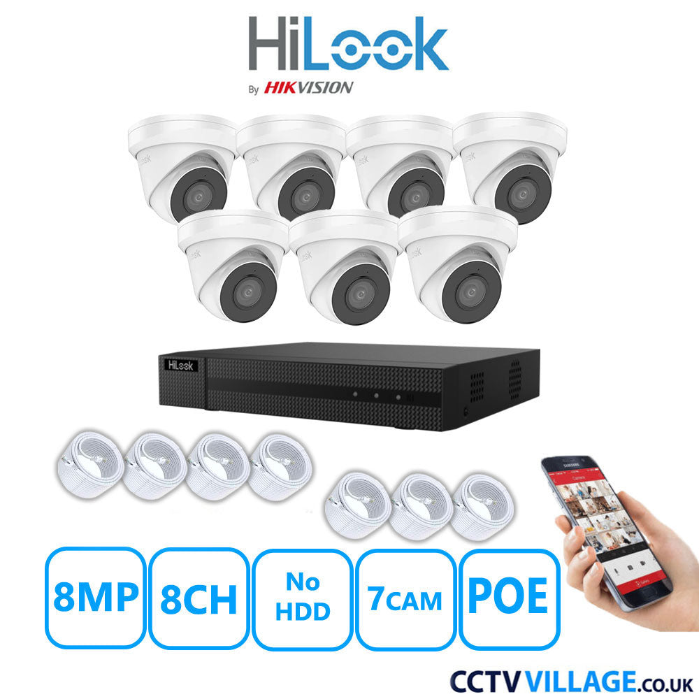 HiLook 8MP IP CCTV System 8 Channel NVR-208MH-C/8P with 7x Turret Cameras IPC-T280H-MUF White No HDD Full Kit