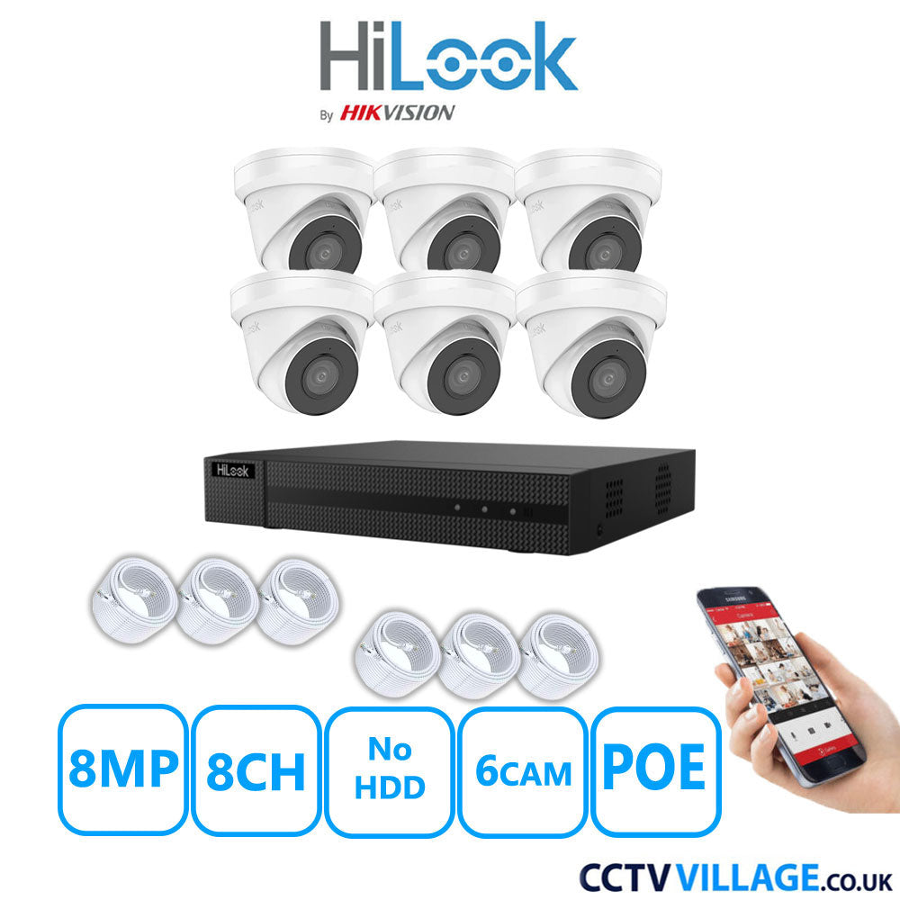 HiLook 8MP IP CCTV System 8 Channel NVR-208MH-C/8P with 6x Turret Cameras IPC-T280H-MUF White No HDD Full Kit