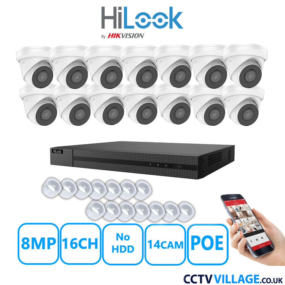 HiLook 8MP IP CCTV System 16 Channel NVR-216MH-C/16P with 14x Turret Cameras IPC-T280H-MUF White No HDD Full Kit