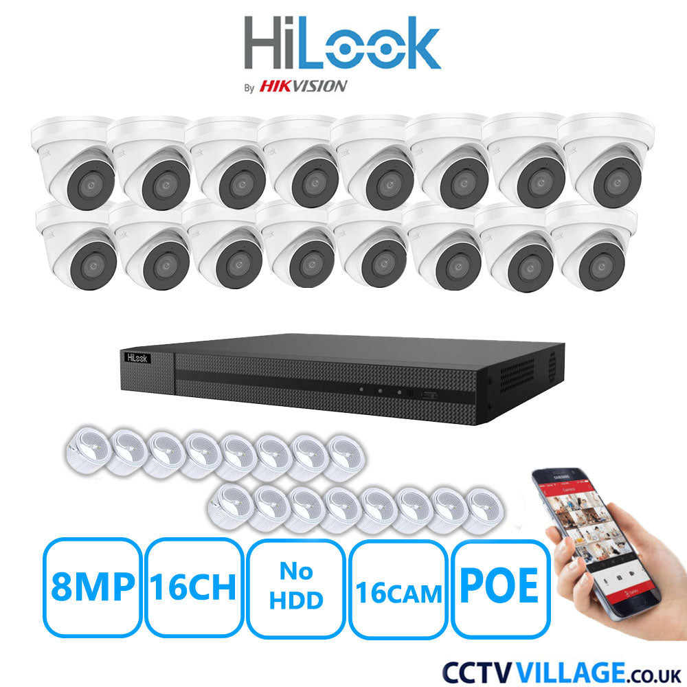 HiLook 8MP IP CCTV System 16 Channel NVR-216MH-C/16P with 16x Turret Cameras IPC-T280H-MUF White No HDD Full Kit