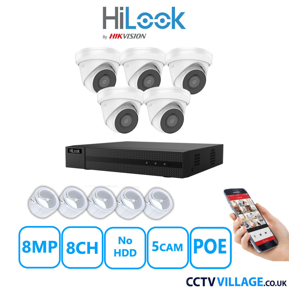 HiLook 8MP IP CCTV System 8 Channel NVR-208MH-C/8P with 5x Turret Cameras IPC-T280H-MUF White No HDD Full Kit