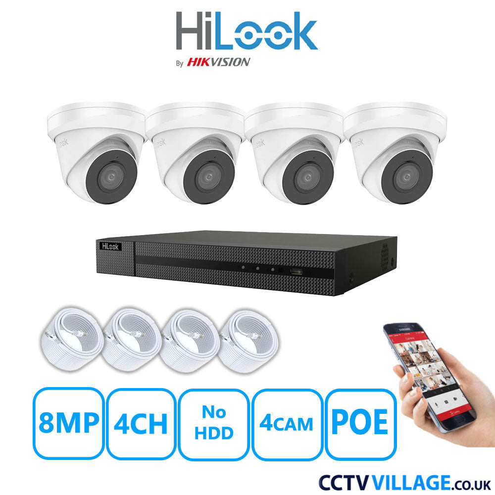 HiLook 8MP IP CCTV System 4 Channel NVR-104MH-C/4P with 4x Turret Cameras IPC-T280H-MUF White No HDD Full Kit