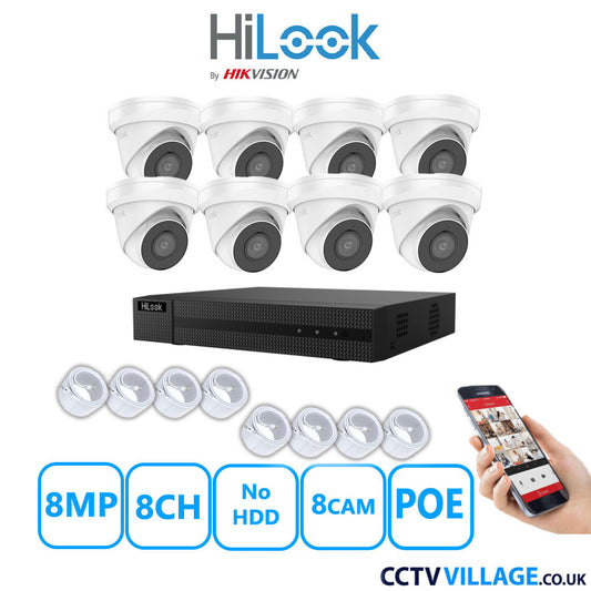 HiLook 8MP IP CCTV System 8 Channel NVR-108MH-C/8P with 8x Turret Cameras IPC-T280H-MUF White No HDD Full Kit