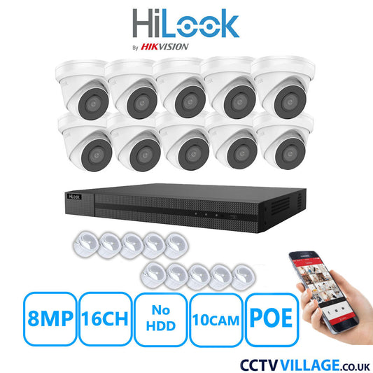 HiLook 8MP IP CCTV System 16 Channel NVR-216MH-C/16P with 10x Turret Cameras IPC-T280H-MUF White No HDD Full Kit