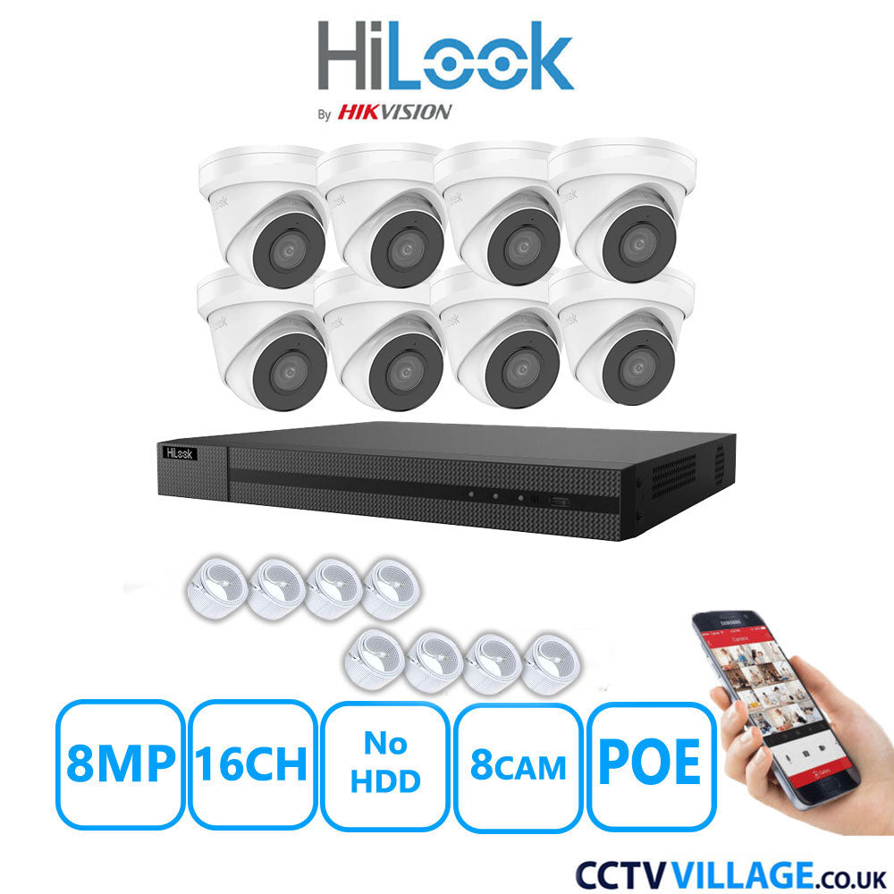 HiLook 8MP IP CCTV System 16 Channel NVR-216MH-C/16P with 8x Turret Cameras IPC-T280H-MUF White No HDD Full Kit