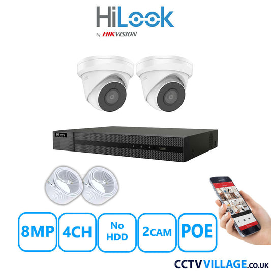 HiLook 8MP IP CCTV System 4 Channel NVR-104MH-C/4P with 2x Turret Cameras IPC-T280H-MUF White No HDD Full Kit