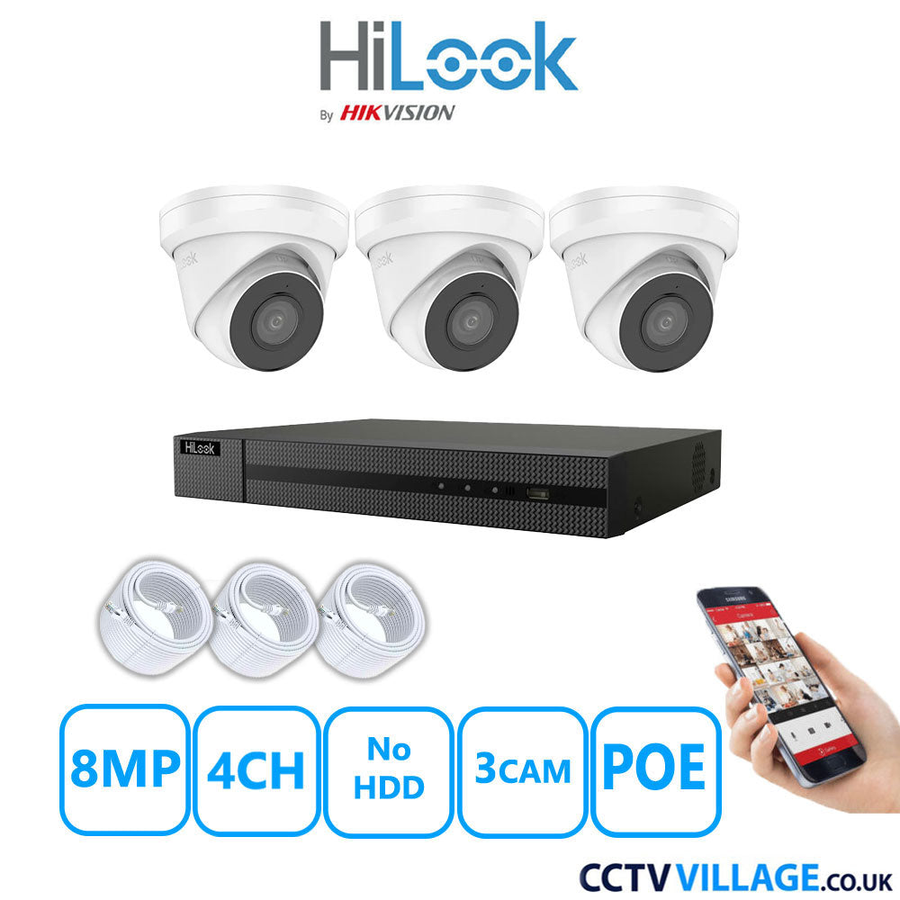 HiLook 8MP IP CCTV System 4 Channel NVR-104MH-C/4P with 3x Turret Cameras IPC-T280H-MUF White No HDD Full Kit