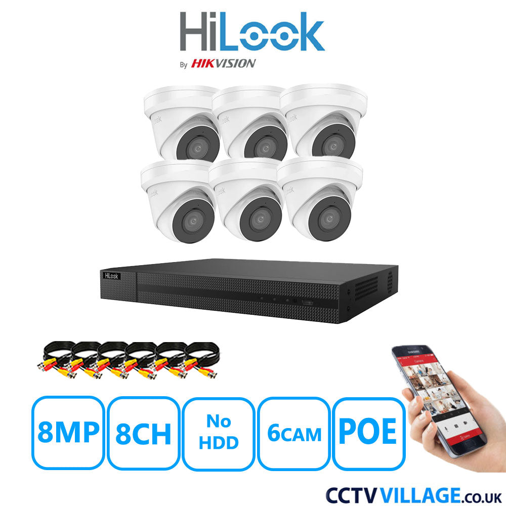 HiLook 8MP CCTV Kit 8 Channel NVR-208MH-C/8P with 6x Turret Cameras IPC-T280H-MUF White No HDD Full Kit