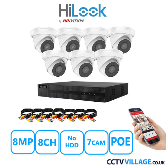 HiLook 8MP CCTV Kit 8 Channel NVR-108MH-C/8P with 7x Turret Cameras IPC-T280H-MUF White No HDD Full Kit