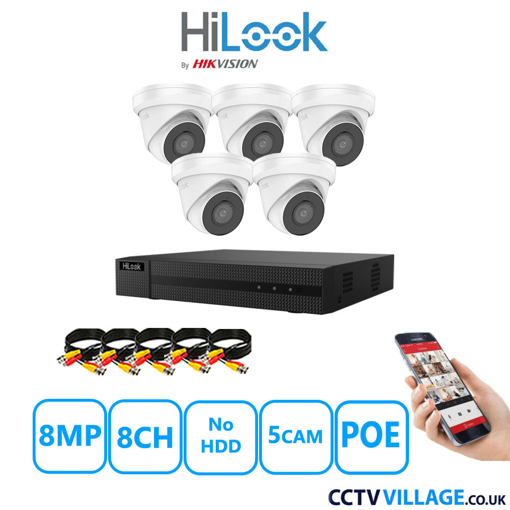 HiLook 8MP CCTV Kit 8 Channel NVR-108MH-C/8P with 5x Turret Cameras IPC-T280H-MUF White No HDD Full Kit