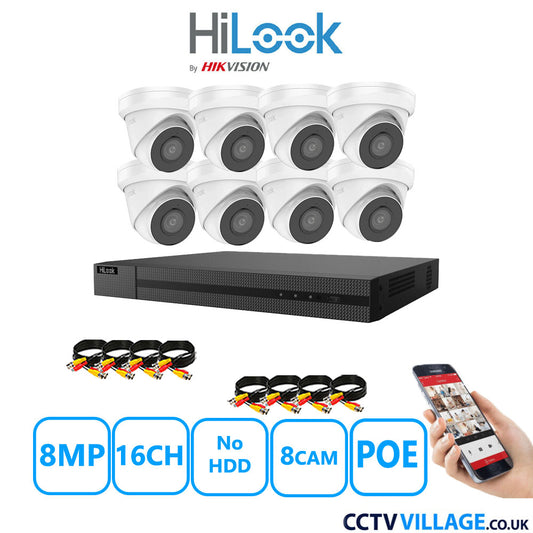 HiLook 8MP CCTV Kit 16 Channel NVR-216MH-C/16P with 8x Turret Cameras IPC-T280H-MUF White No HDD Full Kit