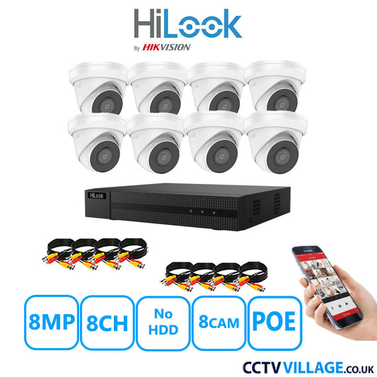 HiLook 8MP CCTV Kit 8 Channel NVR-108MH-C/8P with 8x Turret Cameras IPC-T280H-MUF White No HDD Full Kit