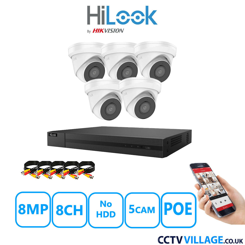 HiLook 8MP CCTV Kit 8 Channel NVR-208MH-C/8P with 5x Turret Cameras IPC-T280H-MUF White No HDD Full Kit