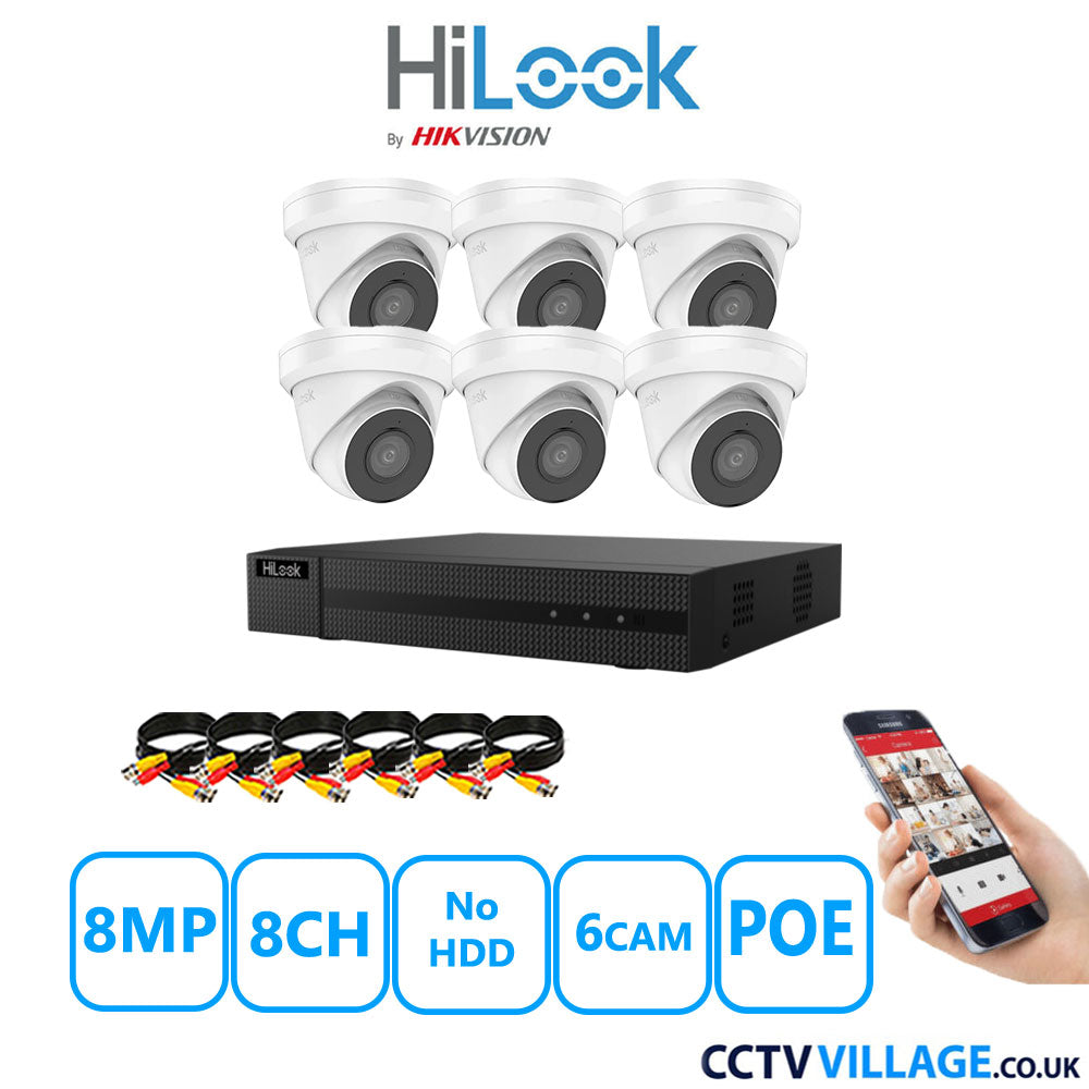 HiLook 8MP CCTV Kit 8 Channel NVR-108MH-C/8P with 6x Turret Cameras IPC-T280H-MUF White No HDD Full Kit