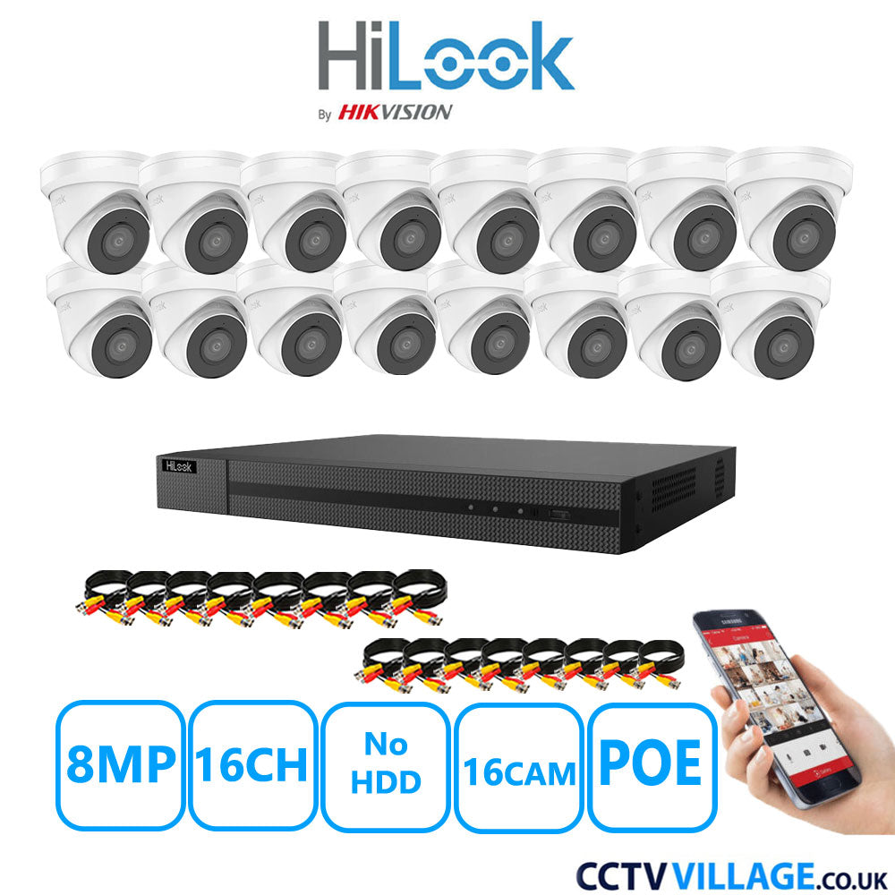 HiLook 8MP CCTV Kit 16 Channel NVR-216MH-C/16P with 16x Turret Cameras IPC-T280H-MUF White No HDD Full Kit