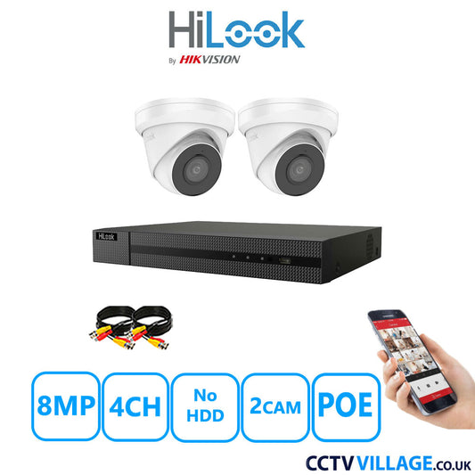 HiLook 8MP CCTV Kit 4 Channel NVR-104MH-C/4P with 2x Turret Cameras IPC-T280H-MUF White No HDD Full Kit