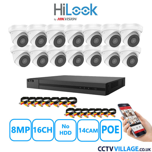 HiLook 8MP CCTV Kit 16 Channel NVR-216MH-C/16P with 14x Turret Cameras IPC-T280H-MUF White No HDD Full Kit