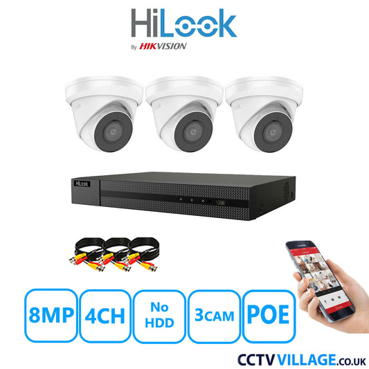 HiLook 8MP CCTV Kit 4 Channel NVR-104MH-C/4P with 3x Turret Cameras IPC-T280H-MUF White No HDD Full Kit