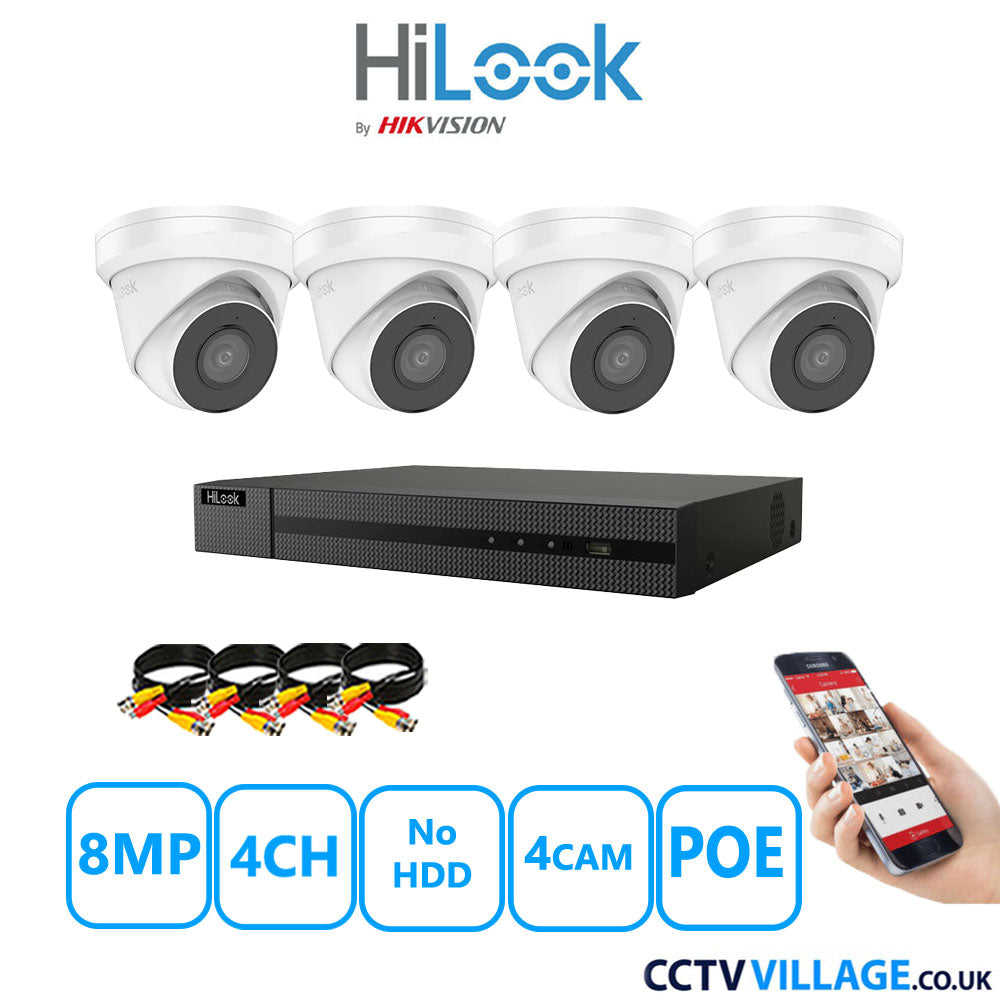 HiLook 8MP CCTV Kit 4 Channel NVR-104MH-C/4P with 4x Turret Cameras IPC-T280H-MUF White No HDD Full Kit