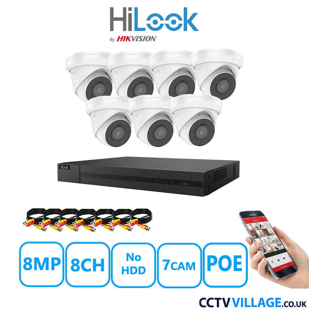 HiLook 8MP CCTV Kit 8 Channel NVR-208MH-C/8P with 7x Turret Cameras IPC-T280H-MUF White No HDD Full Kit