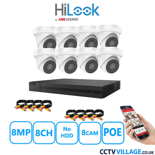 HiLook 8MP CCTV Kit 8 Channel NVR-208MH-C/8P with 8x Turret Cameras IPC-T280H-MUF White No HDD Full Kit