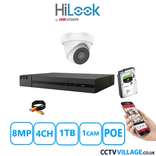 HiLook 8MP CCTV Kit 4 Channel NVR-104MH-C/4P with 1x Turret Camera IPC-T280H-MUF White 1TB HDD Full Kit