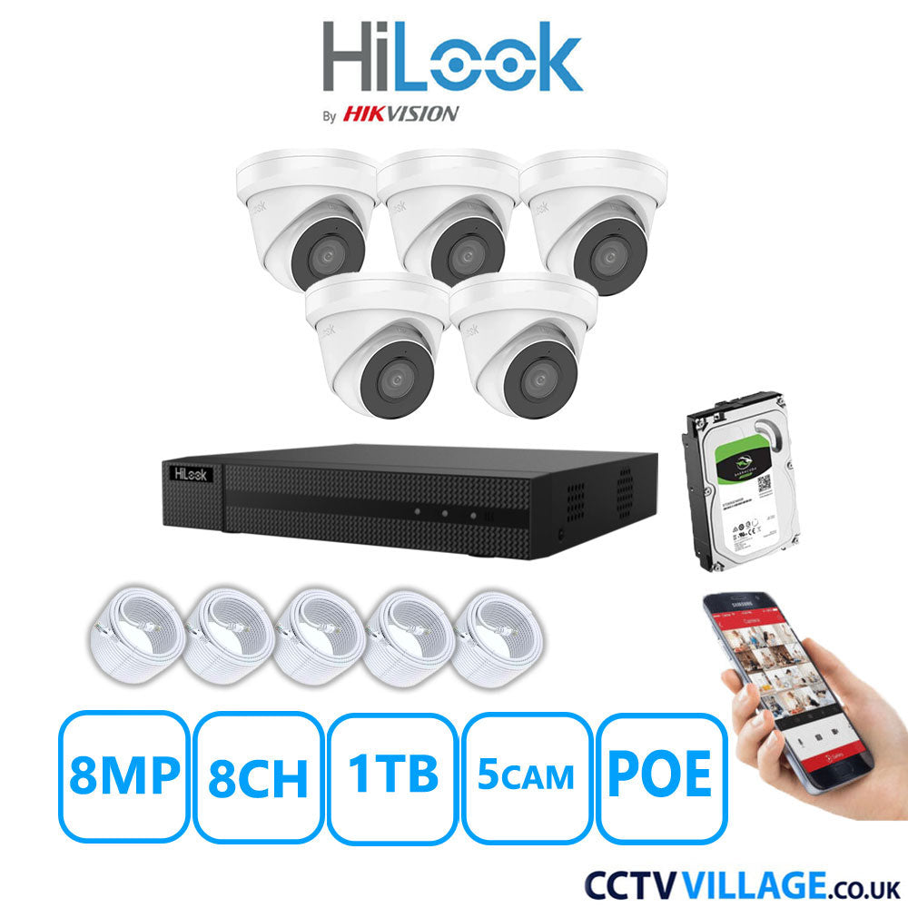 HiLook 8MP IP CCTV System 8 Channel NVR-108MH-C/8P with 5x Turret Cameras IPC-T280H-MUF White 1TB HDD Full Kit