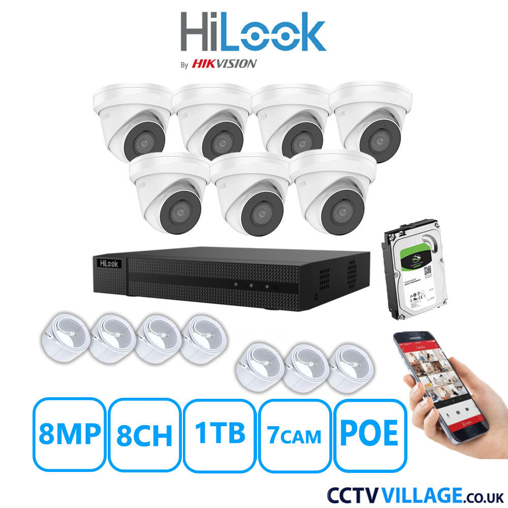 HiLook 8MP IP CCTV System 8 Channel NVR-208MH-C/8P with 7x Turret Cameras IPC-T280H-MUF White 1TB HDD Full Kit