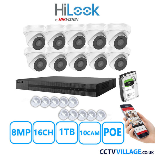 HiLook 8MP IP CCTV System 16 Channel NVR-216MH-C/16P with 10x Turret Cameras IPC-T280H-MUF White 1TB HDD Full Kit