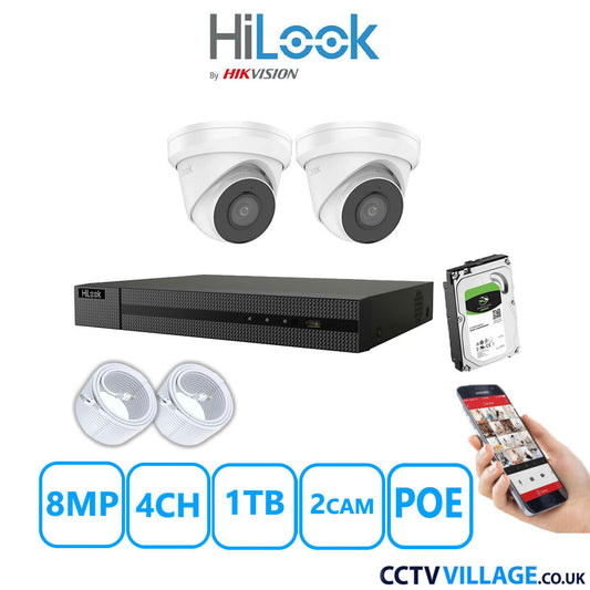 HiLook 8MP CCTV Kit 4 Channel NVR-104MH-C/4P with 2x Turret Cameras IPC-T280H-MUF White 1TB HDD Full Kit