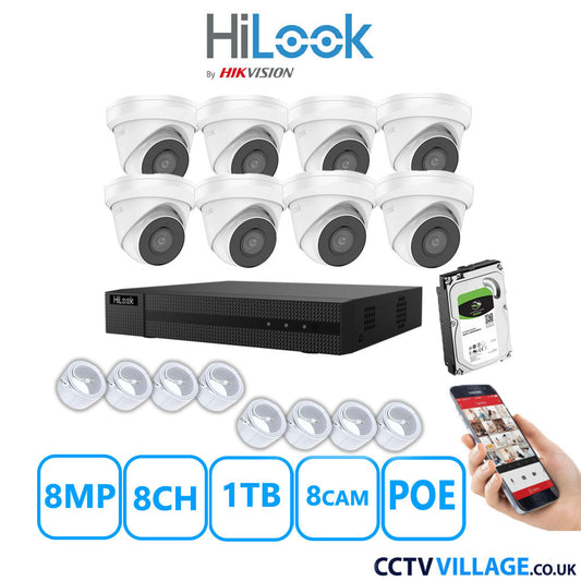 HiLook 8MP IP CCTV System 8 Channel NVR-108MH-C/8P with 8x Turret Cameras IPC-T280H-MUF White 1TB HDD Full Kit