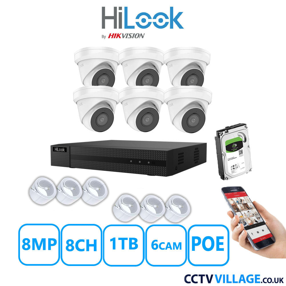 HiLook 8MP IP CCTV System 8 Channel NVR-208MH-C/8P with 6x Turret Cameras IPC-T280H-MUF White 1TB HDD Full Kit