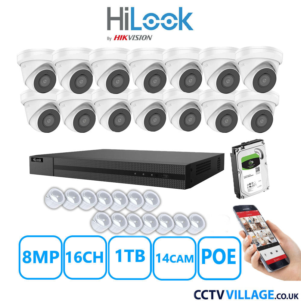 HiLook 8MP IP CCTV System 16 Channel NVR-216MH-C/16P with 14x Turret Cameras IPC-T280H-MUF White 1TB HDD Full Kit