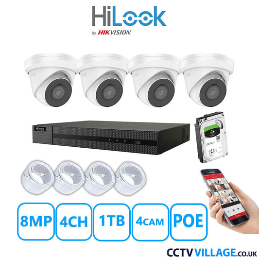 HiLook 8MP IP CCTV System 4 Channel NVR-104MH-C/4P with 4x Turret Cameras IPC-T280H-MUF White 1TB HDD Full Kit