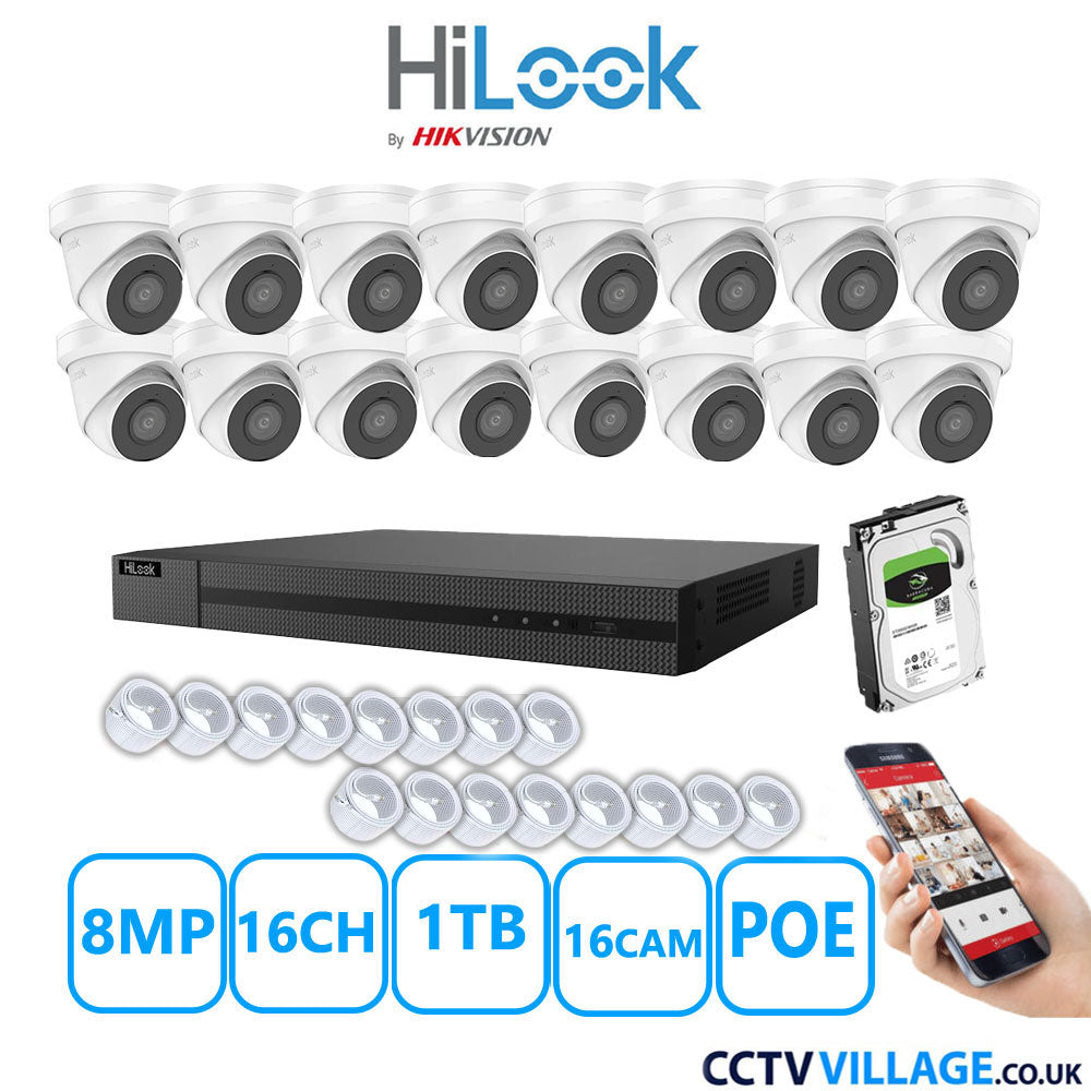 HiLook 8MP IP CCTV System 16 Channel NVR-216MH-C/16P with 16x Turret Cameras IPC-T280H-MUF White 1TB HDD Full Kit