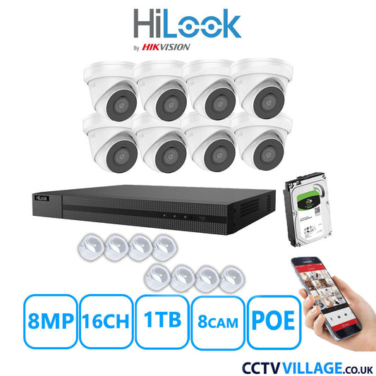 HiLook 8MP IP CCTV System 16 Channel NVR-216MH-C/16P with 8x Turret Cameras IPC-T280H-MUF White 1TB HDD Full Kit