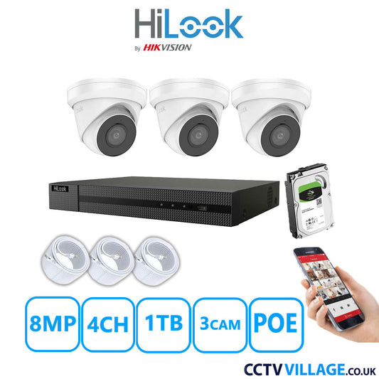 HiLook 8MP IP CCTV System 4 Channel NVR-104MH-C/4P with 3x Turret Cameras IPC-T280H-MUF White 1TB HDD Full Kit