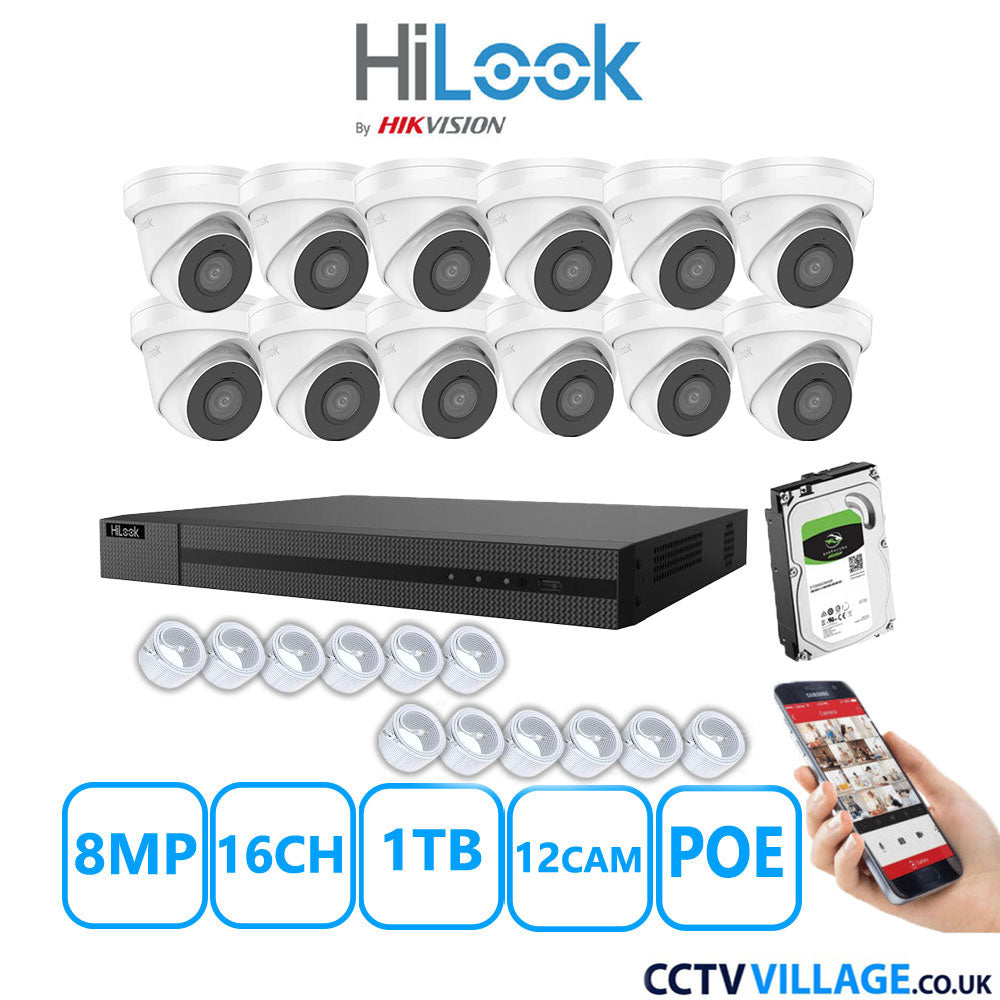 HiLook 8MP IP CCTV System 16 Channel NVR-216MH-C/16P with 12x Turret Cameras IPC-T280H-MUF White 1TB HDD Full Kit