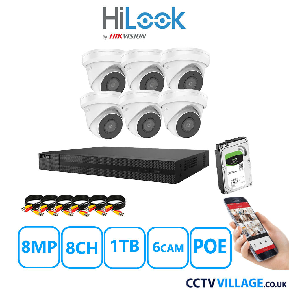 HiLook 8MP CCTV Kit 8 Channel NVR-208MH-C/8P with 6x Turret Cameras IPC-T280H-MUF White 1TB HDD Full Kit