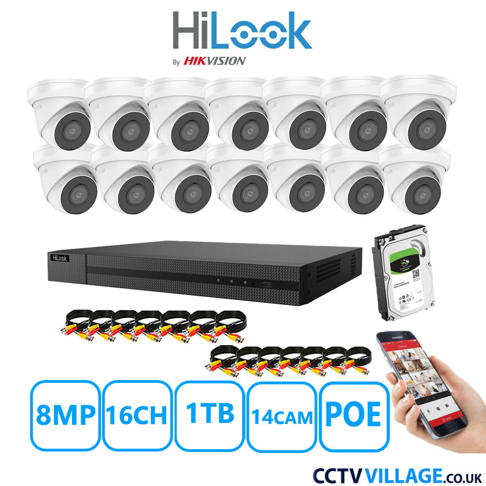 HiLook 8MP CCTV Kit 16 Channel NVR-216MH-C/16P with 14x Turret Cameras IPC-T280H-MUF White 1TB HDD Full Kit