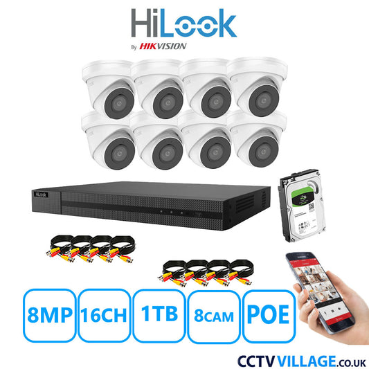 HiLook 8MP CCTV Kit 16 Channel NVR-216MH-C/16P with 8x Turret Cameras IPC-T280H-MUF White 1TB HDD Full Kit