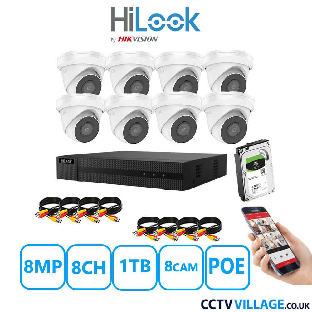 HiLook 8MP CCTV Kit 8 Channel NVR-108MH-C/8P with 8x Turret Cameras IPC-T280H-MUF White 1TB HDD Full Kit