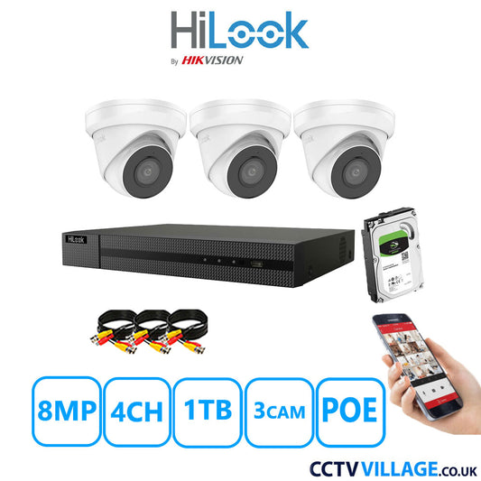 HiLook 8MP CCTV Kit 4 Channel NVR-104MH-C/4P with 3x Turret Cameras IPC-T280H-MUF White 1TB HDD Full Kit