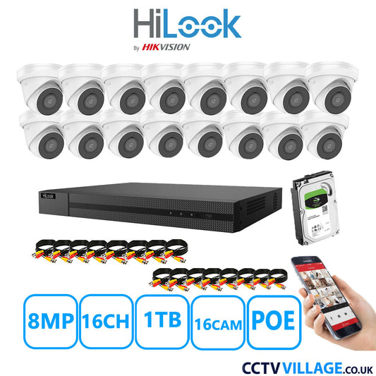 HiLook 8MP CCTV Kit 16 Channel NVR-216MH-C/16P with 16x Turret Cameras IPC-T280H-MUF White 1TB HDD Full Kit