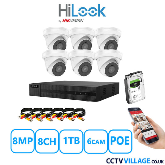 HiLook 8MP CCTV Kit 8 Channel NVR-108MH-C/8P with 6x Turret Cameras IPC-T280H-MUF White 1TB HDD Full Kit