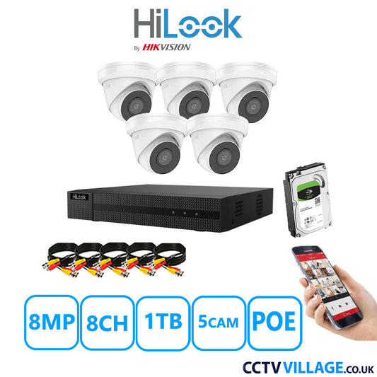 HiLook 8MP CCTV Kit 8 Channel NVR-108MH-C/8P with 5x Turret Cameras IPC-T280H-MUF White 1TB HDD Full Kit