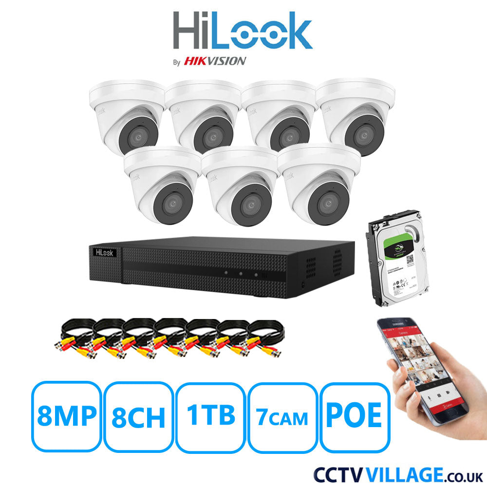 HiLook 8MP CCTV Kit 8 Channel NVR-108MH-C/8P with 7x Turret Cameras IPC-T280H-MUF White 1TB HDD Full Kit