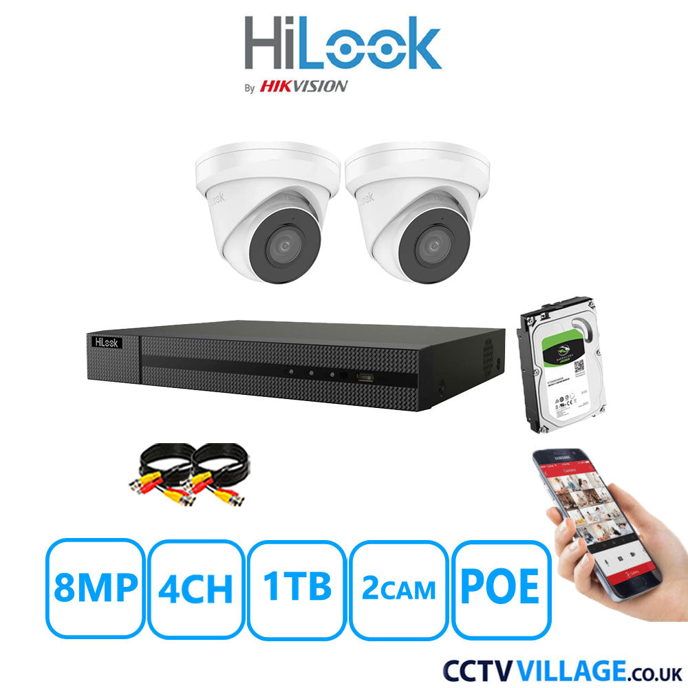 HiLook 8MP CCTV Kit 4 Channel NVR-104MH-C/4P with 2x Turret Cameras IPC-T280H-MUF White 1TB HDD Full Kit